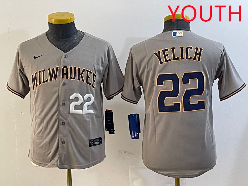 Youth Milwaukee Brewers #22 Yelich Grey Game 2025 Nike MLB Jersey style 2